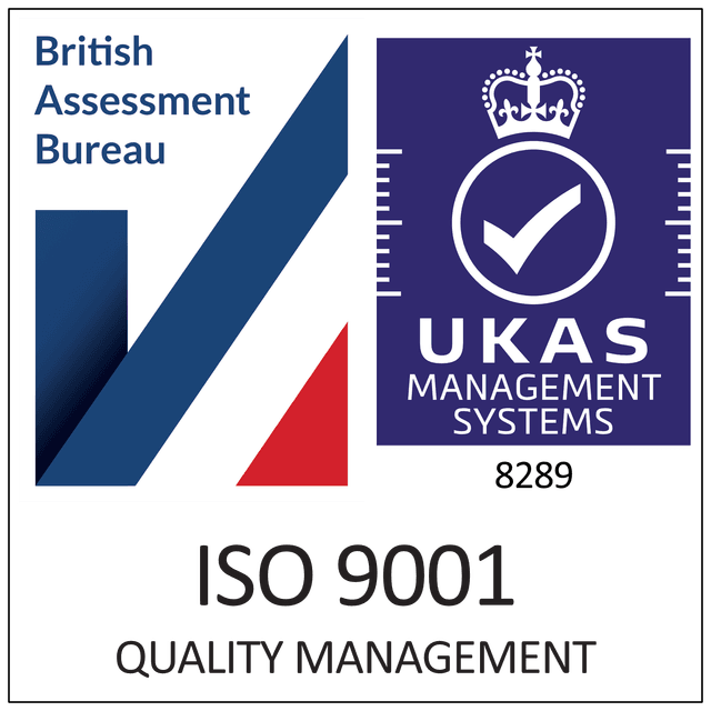 ISO 9001:2015 UKAS-accredited British Assessment Bureau certification badge